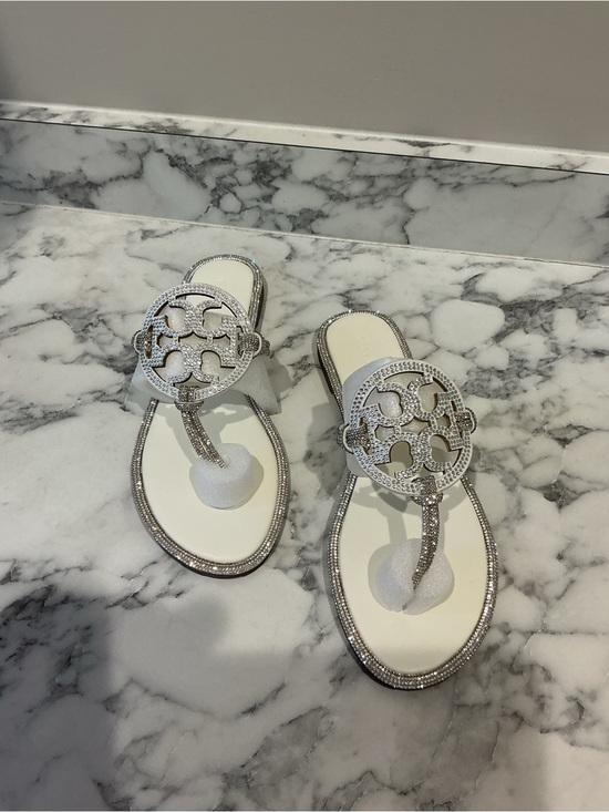 Tory Burch Shoes - Tory Burch White and Silver Crystal Logo T‑Strap Sandals